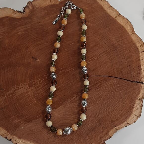 Napier Silver Tone, Glass and‎ Stone Bead Necklace Green Brown White - Picture 2 of 8